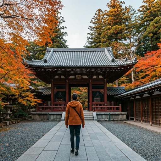 Tourist in front of Japanese temple during autumn