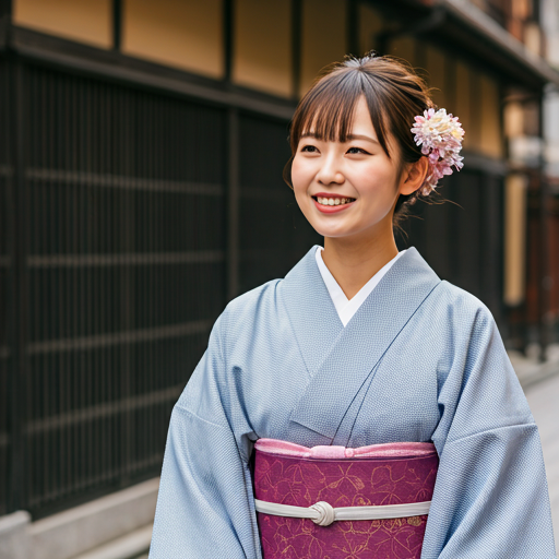 Smiling woman in kimono on Kyoto street