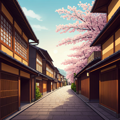Scenic view of Kyoto traditional streets with cherry blossoms