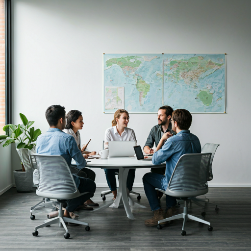 Team meeting in a modern office with maps on the wall